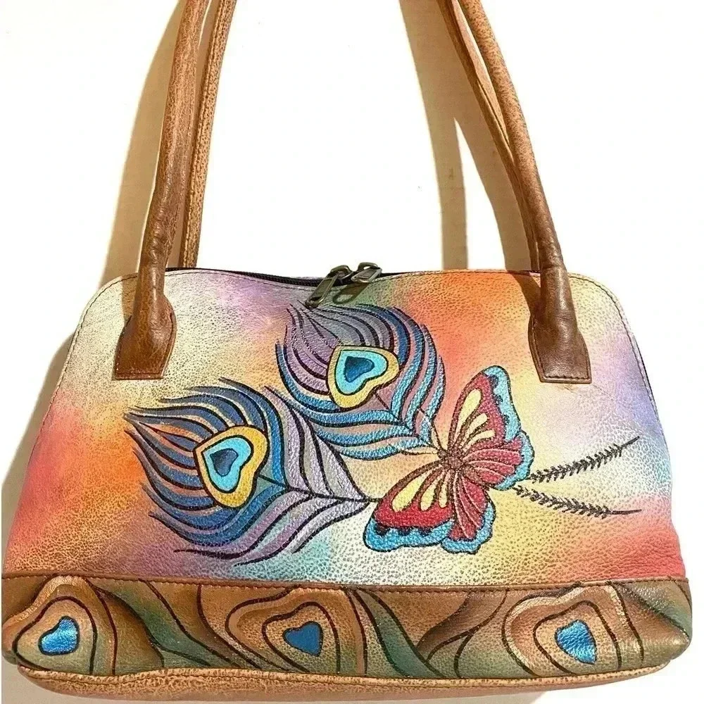 Anuschka hand painted multicolor leather satchel handbag